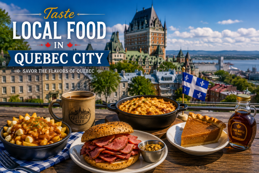 Local food in Quebec City Canada featuring poutine, smoked meat sandwich, maple syrup, traditional dishes, and Château Frontenac
