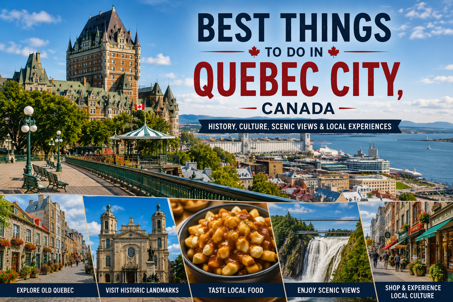 Best things to do in Quebec City Canada featuring Château Frontenac, Old Quebec, historic landmarks, local food, Montmorency Falls, and scenic views