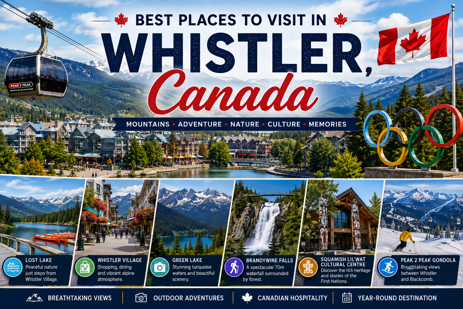Best places to visit in Whistler Canada featuring Whistler Village, Lost Lake, Green Lake, Brandywine Falls, Peak 2 Peak Gondola, and mountain scenery