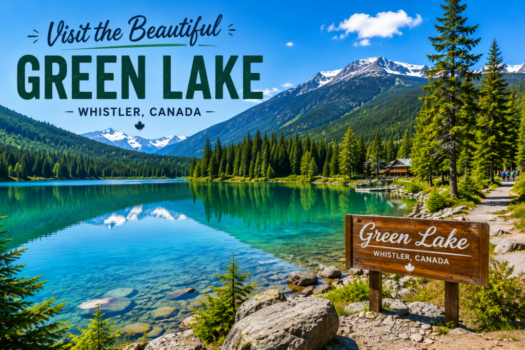 Beautiful Green Lake in Whistler Canada surrounded by pine forests, clear