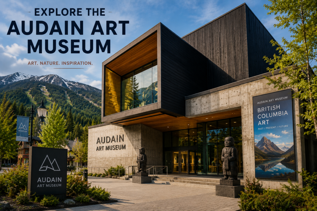 Audain Art Museum in Whistler Canada surrounded by mountains, trees, sculptures, and modern architecture