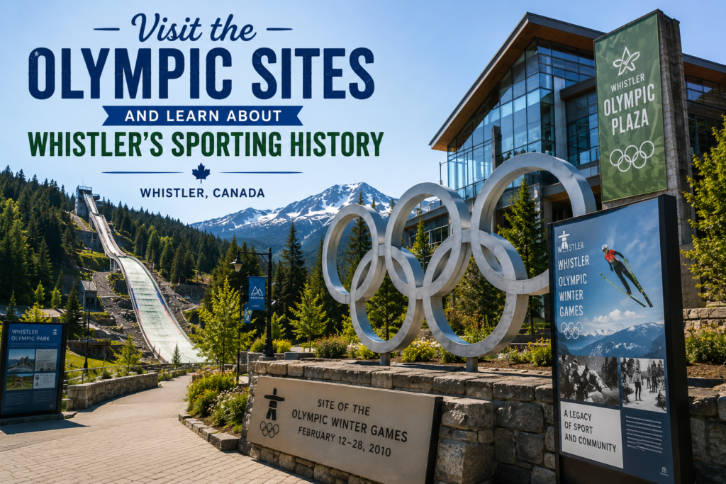 : Whistler Olympic sites in Canada featuring Olympic rings, Whistler Olympic Plaza, ski jump, mountain scenery, and 2010 Winter Games history