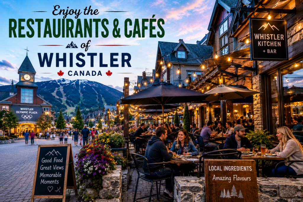 Restaurants and cafés in Whistler Canada with outdoor dining, local food, mountain views, and vibrant Whistler Village streets