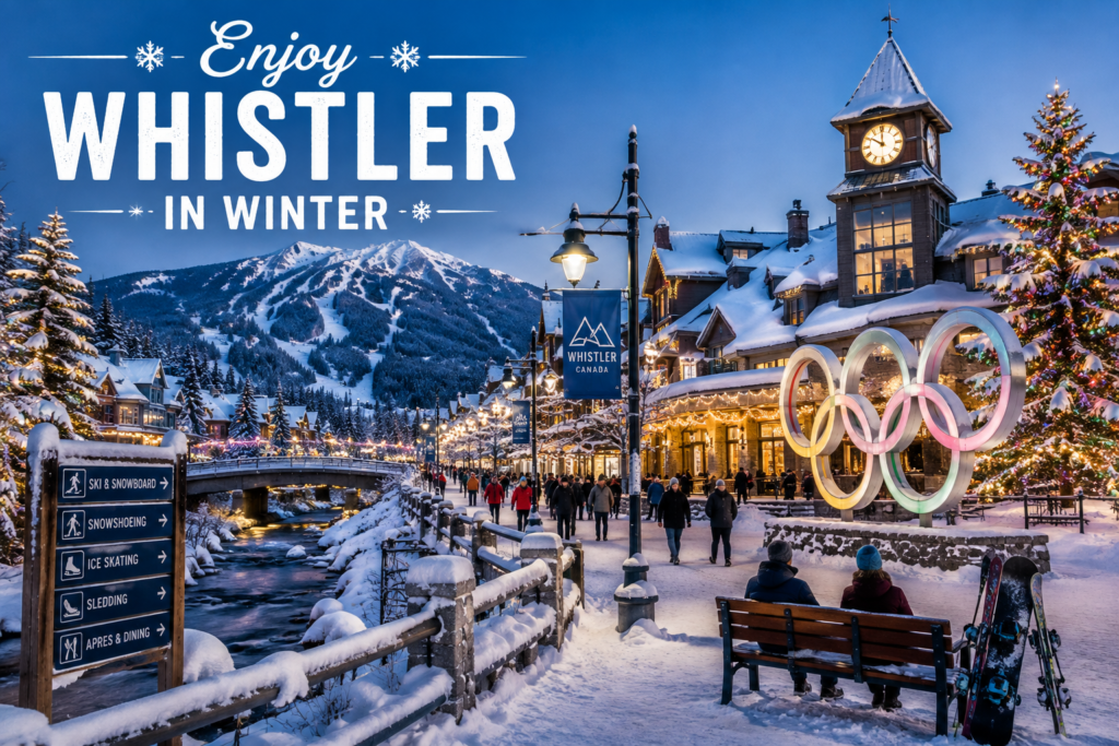 Whistler in winter Canada with snowy mountains, Whistler Village, Olympic rings, Christmas lights, and winter activities