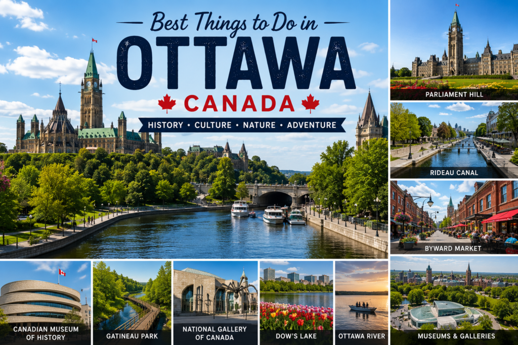 Best things to do in Ottawa Canada featuring Parliament Hill, Rideau Canal, ByWard Market, museums, Gatineau Park, Dow's Lake, and Ottawa River
