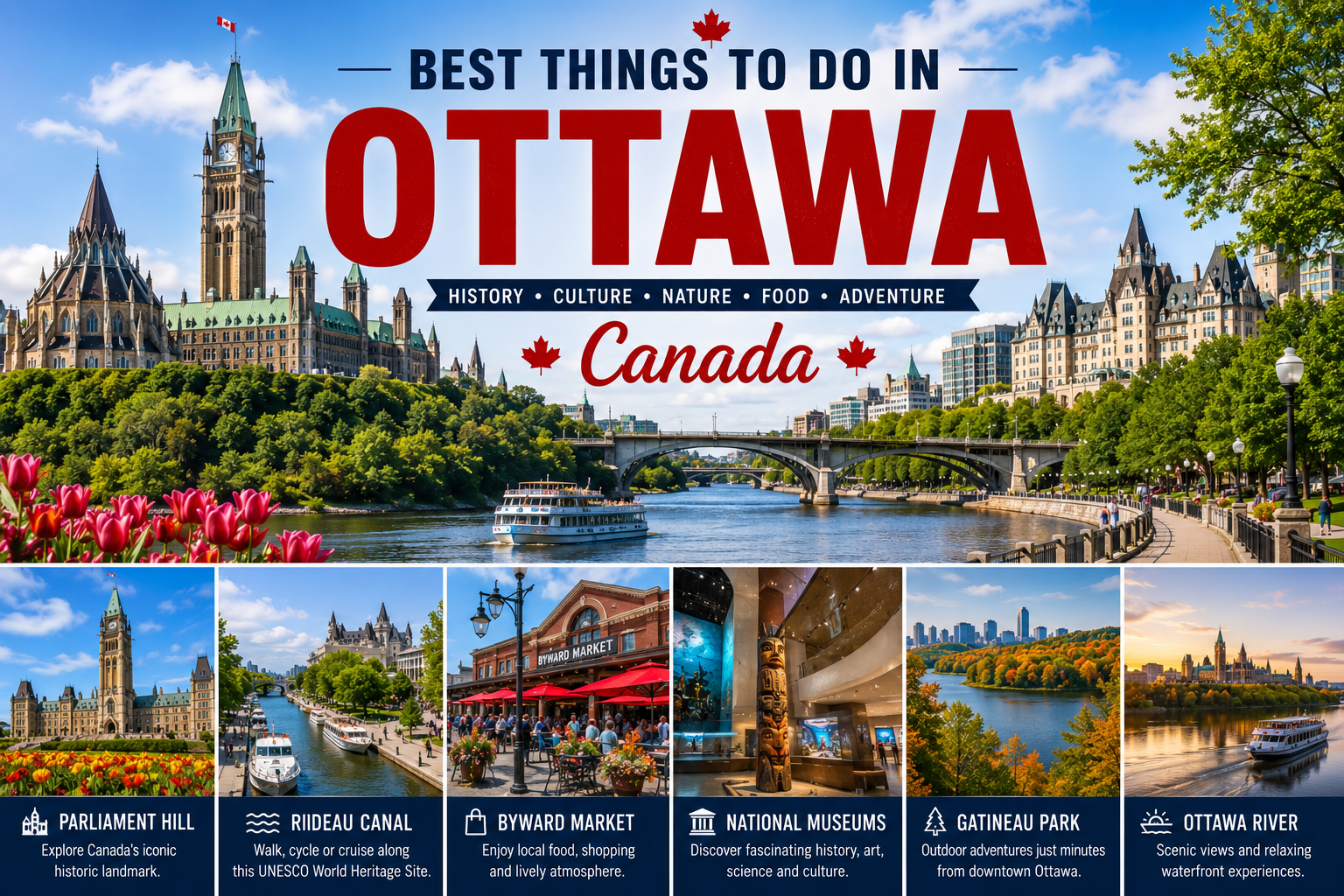 Best things to do in Ottawa Canada featuring Parliament Hill, Rideau Canal, ByWard Market, national museums, Gatineau Park, and Ottawa River