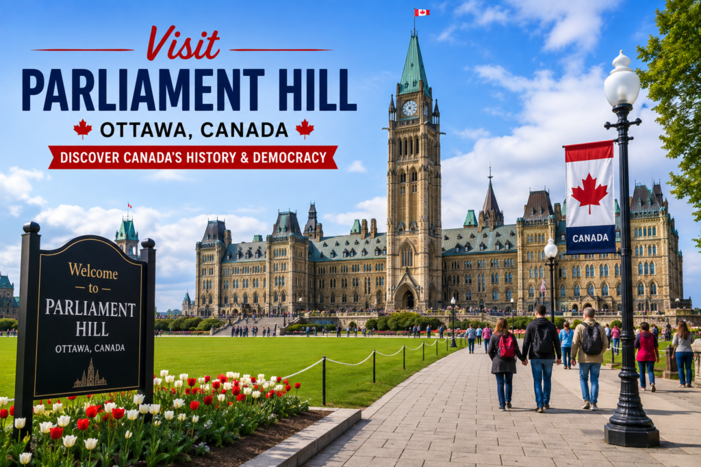 Parliament Hill in Ottawa Canada featuring the Peace Tower, Gothic architecture, Canadian flags, green lawns, and colorful flower gardens