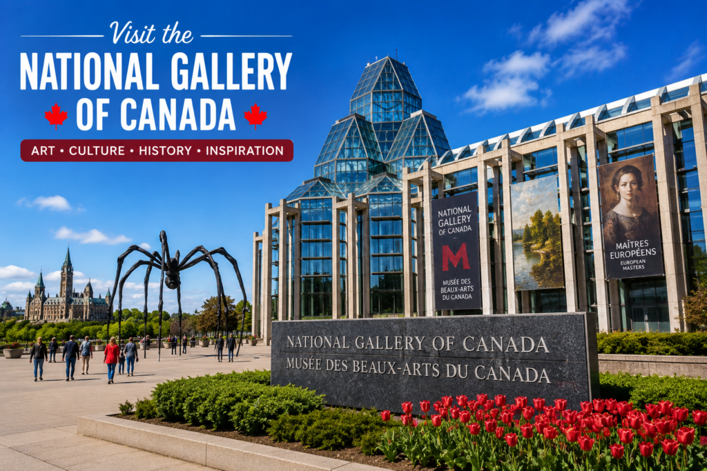 National Gallery of Canada in Ottawa featuring modern architecture, glass atrium, outdoor sculpture, Parliament Hill, and colorful flowers