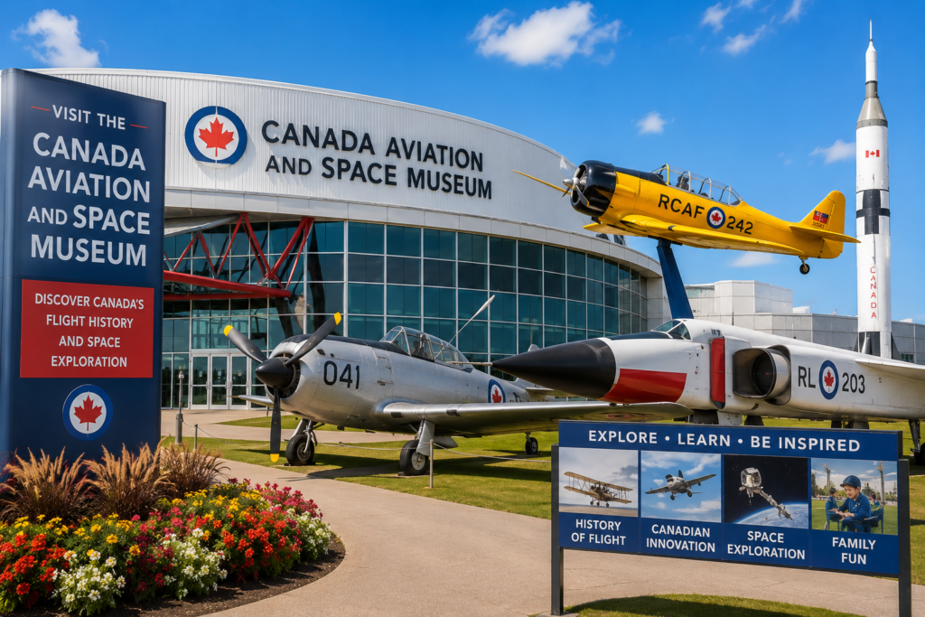 Canada Aviation and Space Museum in Ottawa featuring historic aircraft, a rocket display, museum building, and aviation exhibits