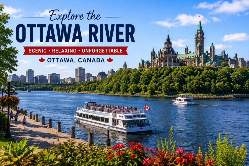 Ottawa River in Ottawa Canada with scenic waterfront, tour boats, Parliament Hill, bridges, flowers, and city views