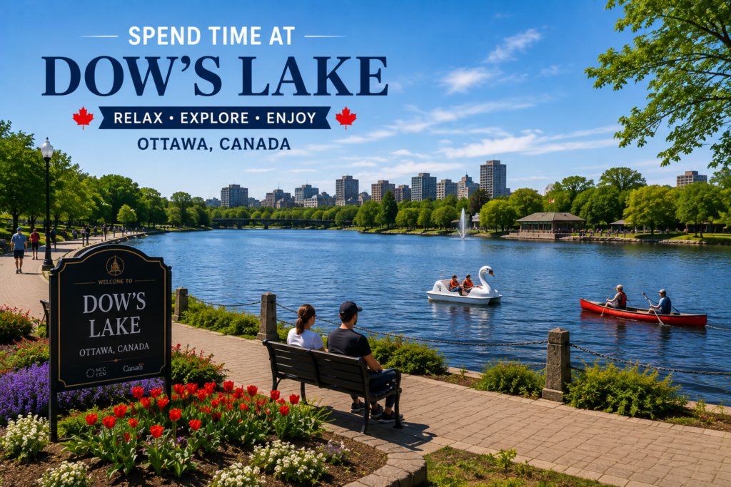 Dow's Lake in Ottawa Canada with scenic water, walking paths, colorful flowers, boats, trees, and city views