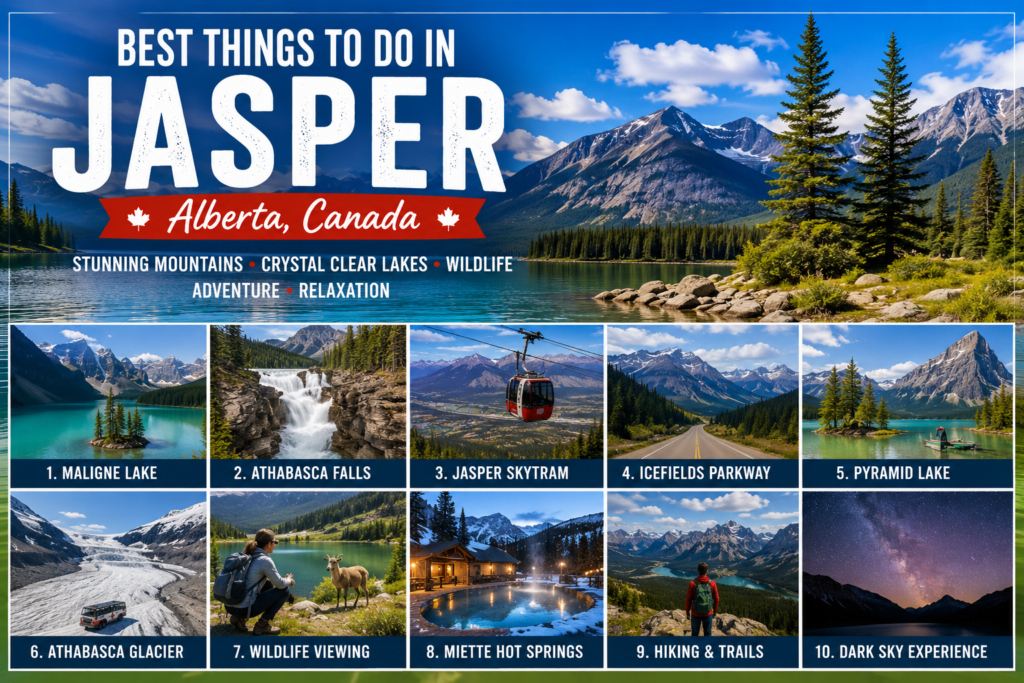 Best things to do in Jasper Alberta featuring Maligne Lake, Athabasca Falls, Jasper SkyTram, Icefields Parkway, wildlife, and mountain scenery