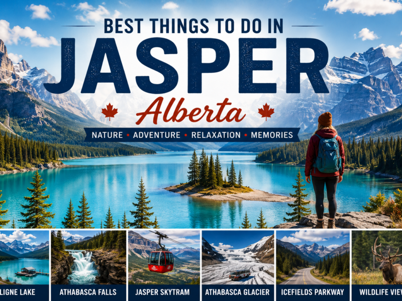 Best things to do in Jasper Alberta featuring Maligne Lake, Athabasca Falls, Jasper SkyTram, Icefields Parkway, wildlife, and mountain scenery