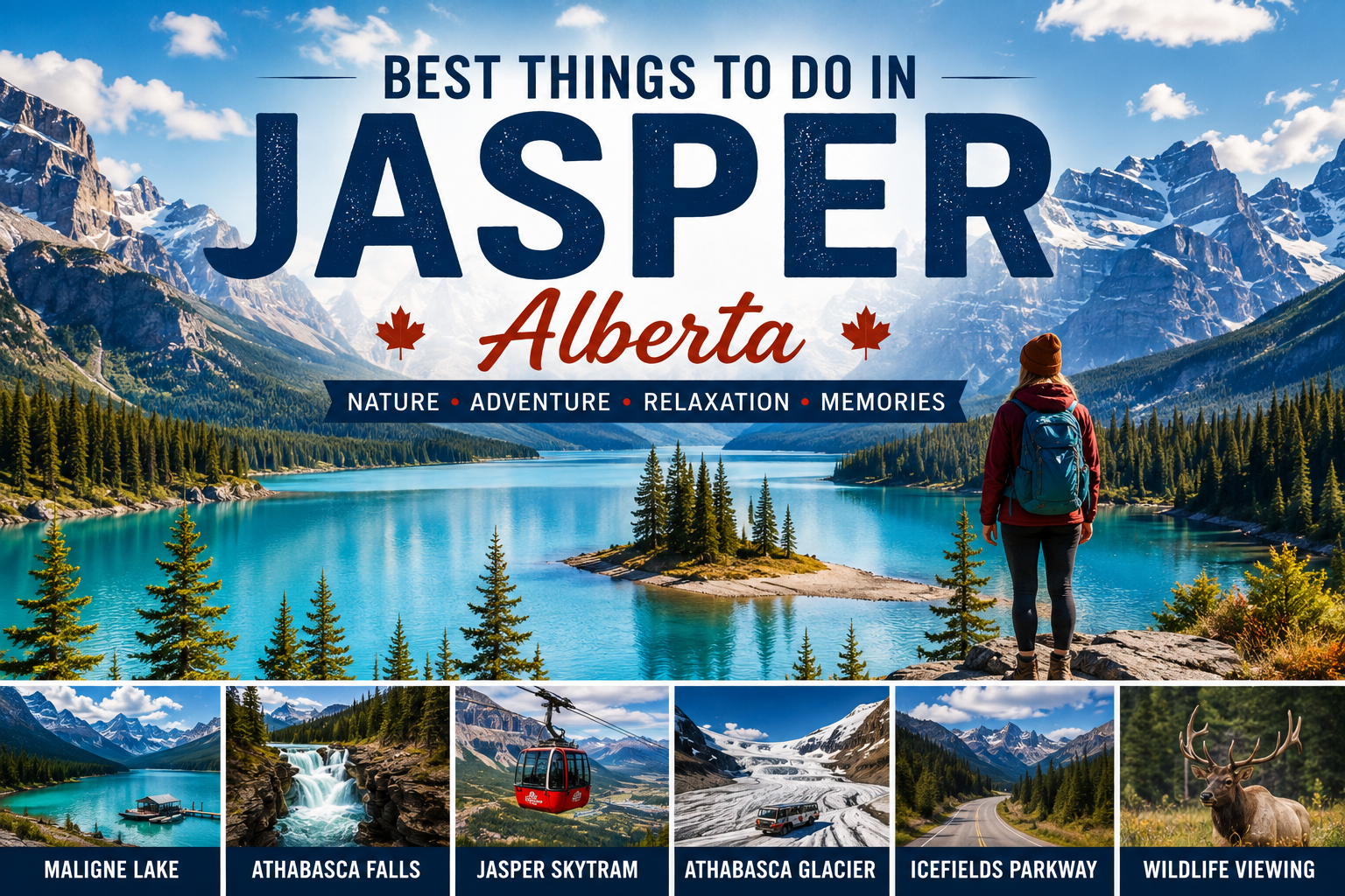 Best things to do in Jasper Alberta featuring Maligne Lake, Athabasca Falls, Jasper SkyTram, Icefields Parkway, wildlife, and mountain scenery