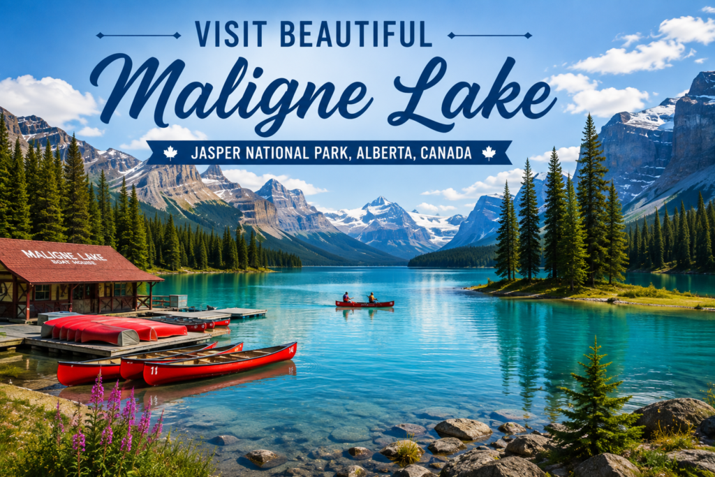 Beautiful Maligne Lake in Jasper National Park Alberta with turquoise water, red canoes, pine forests, and Rocky Mountain views