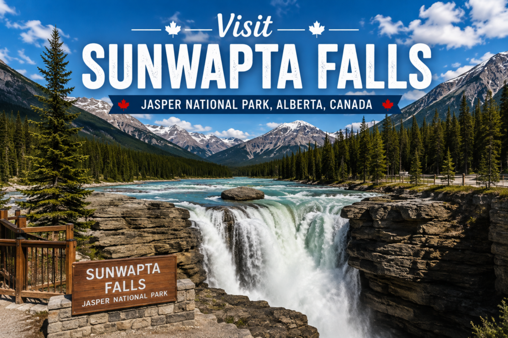 Sunwapta Falls in Jasper National Park Alberta with powerful turquoise water, rocky cliffs, pine forests, and Rocky Mountain views