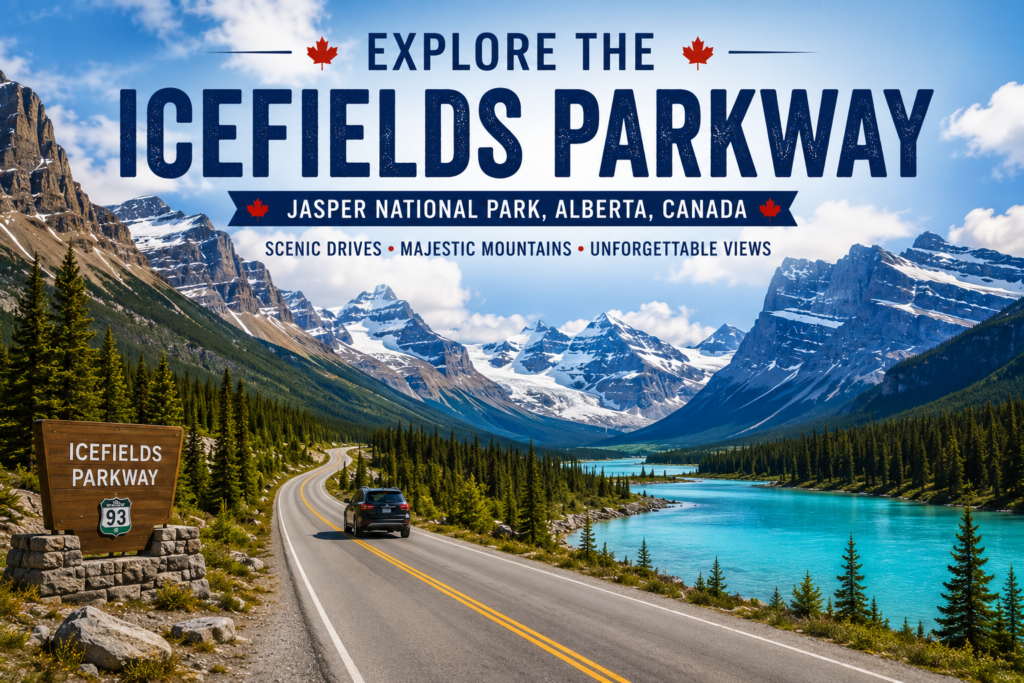 Icefields Parkway in Jasper Alberta with scenic mountain roads, turquoise lakes, evergreen forests, glaciers, and Rocky Mountain views