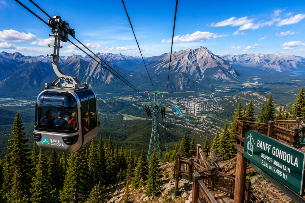Banff Gondola above the Canadian Rockies with mountain views and Banff town below