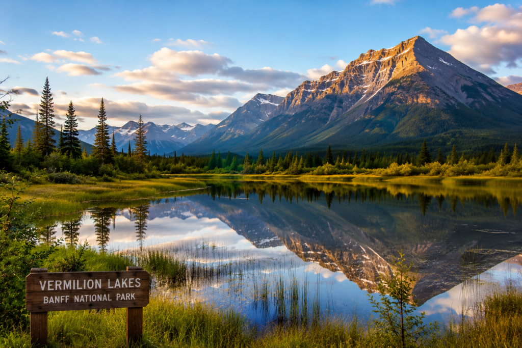 Vermilion Lakes with mountain reflections, evergreen forests, and Rocky Mountain scenery in Banff