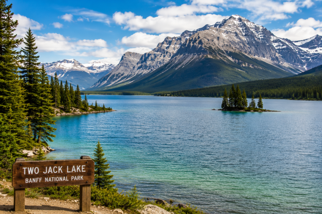 Two Jack Lake with turquoise water, pine forests, small island, and Rocky Mountain views in Banff