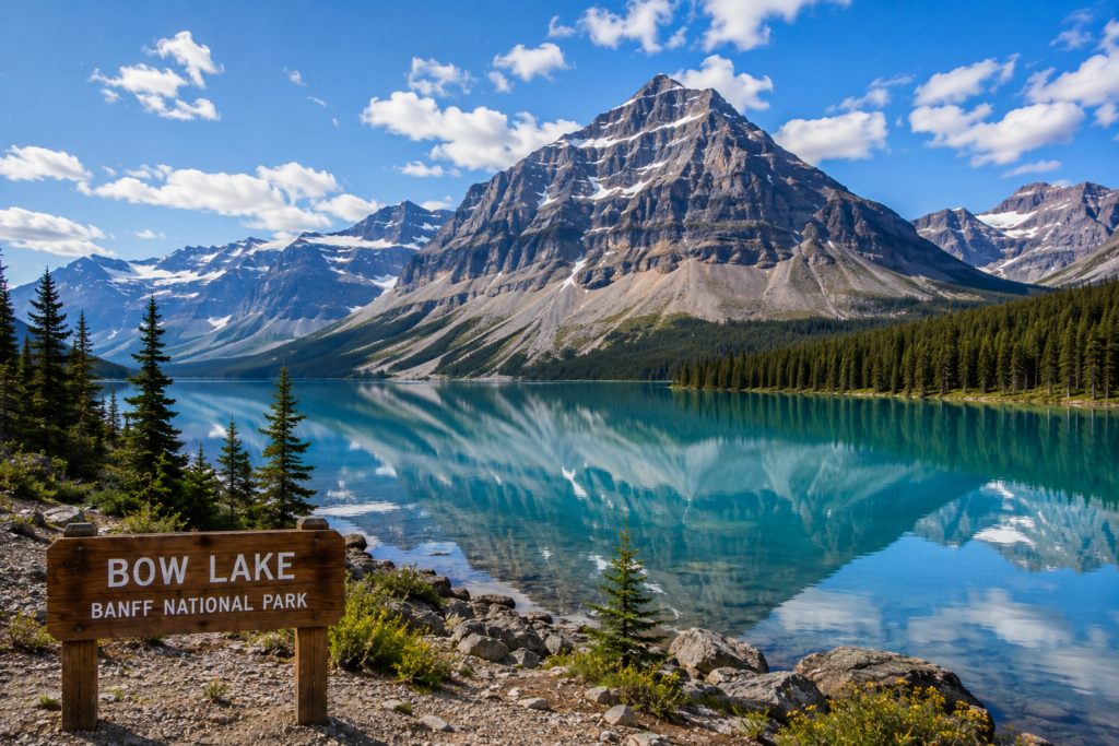Bow Lake with turquoise water, snow-capped mountains, pine forests, and reflections in Banff National Park