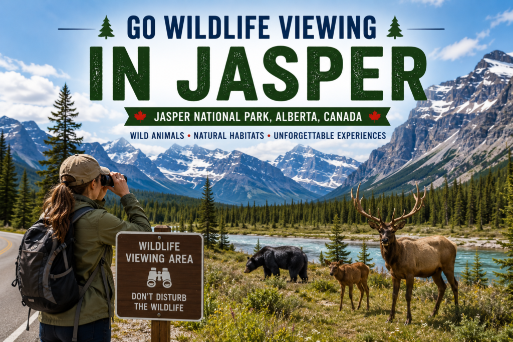 Wildlife viewing in Jasper Alberta with elk, black bear, forests, mountains, and a scenic lake in Jasper National Park