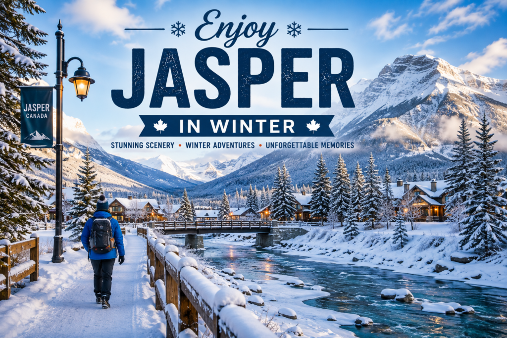 Jasper in winter Canada with snowy mountains, pine forests, a peaceful river, winter scenery, and a snowy walking trail