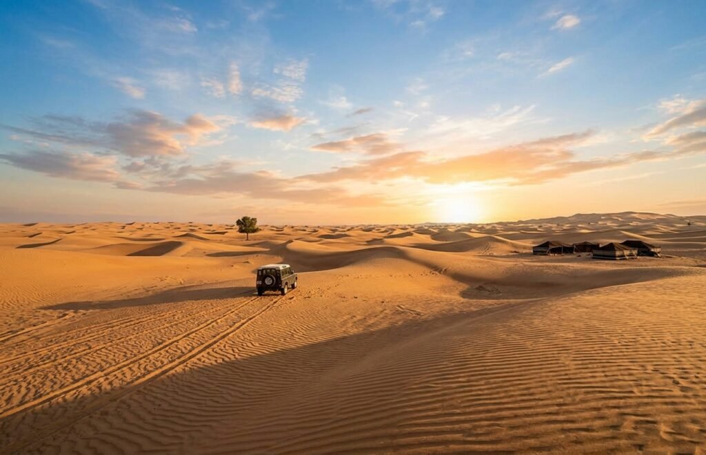 Dubai Desert with golden sand dunes and beautiful sunset sky.