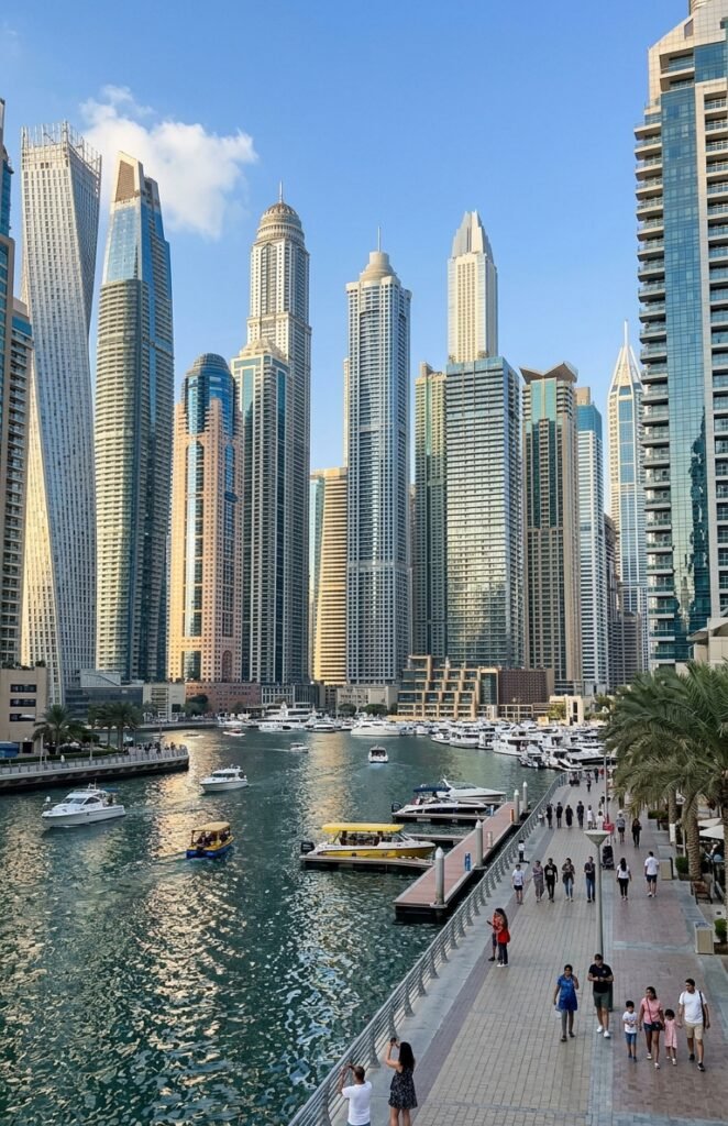 Dubai Marina waterfront with luxury yachts and futuristic