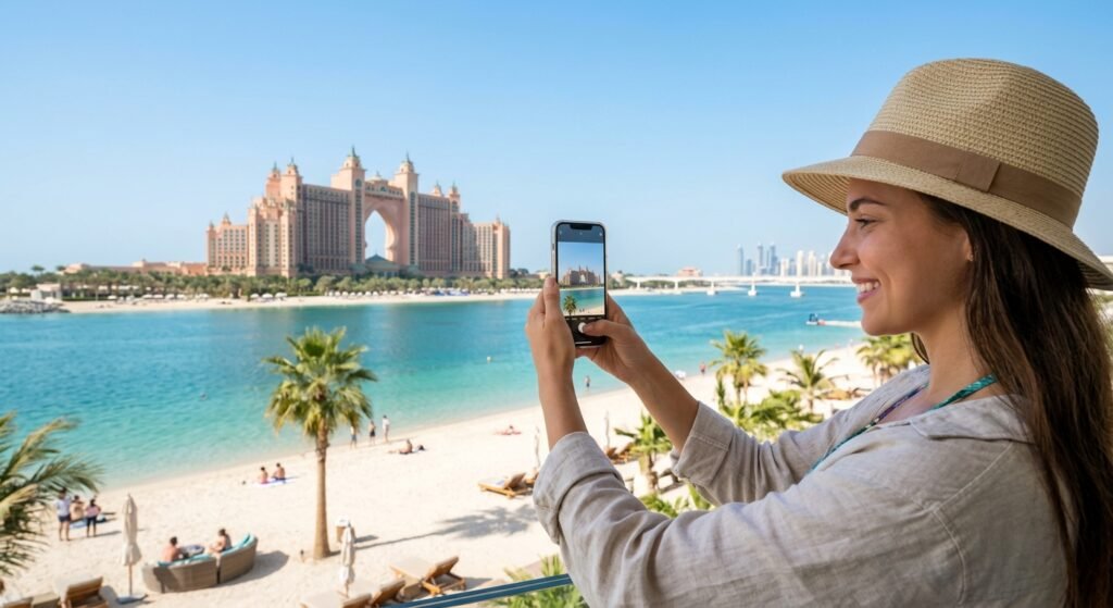 Palm Jumeirah Dubai with beautiful beaches, Arabian Gulf views, luxury hotels, and the Dubai skyline.