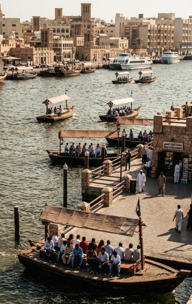 Old Dubai Al Fahidi Historical Neighbourhood with traditional Arabian-style buildings and narrow streets.