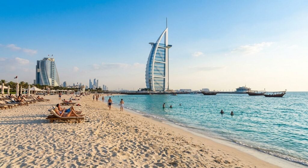 Jumeirah Beach Dubai with sandy shore, blue sea, and city skyline