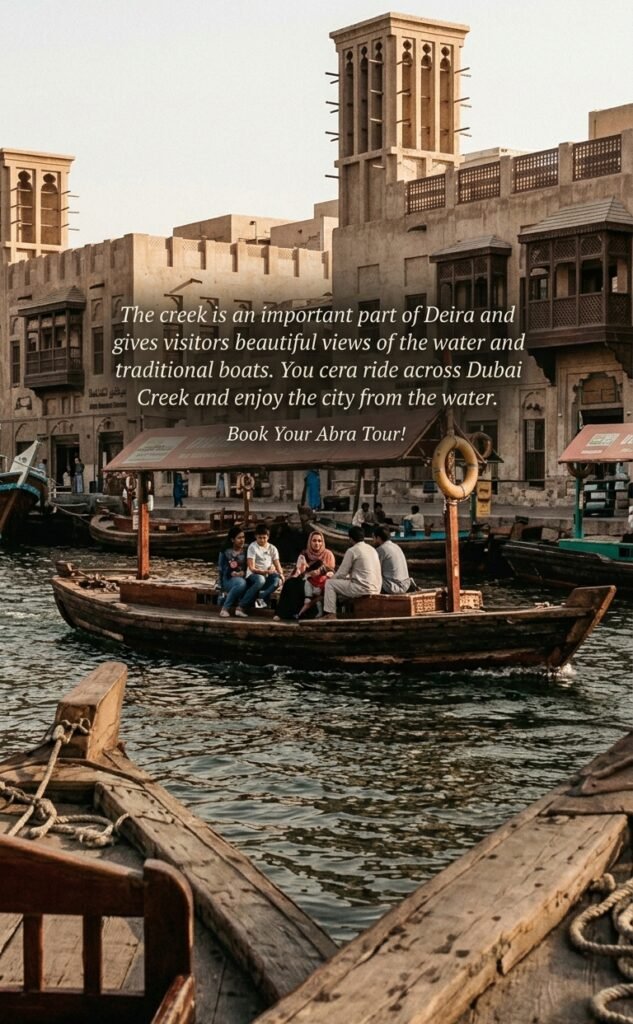 Traditional abra boats on Dubai Creek in Deira with waterfront views and historic Dubai surroundings.