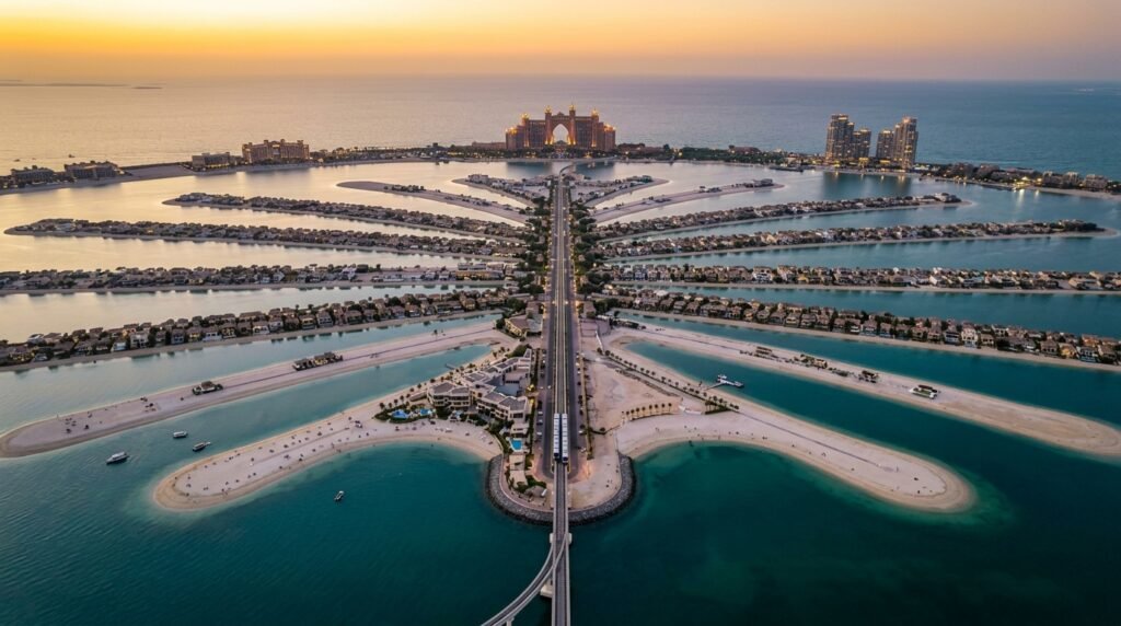 Palm Jumeirah Dubai with beautiful beaches, Arabian Gulf views, luxury hotels, and the Dubai skyline.