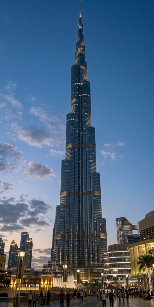 Burj Khalifa towering over Downtown Dubai skyline at sunset