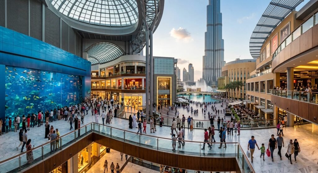 Dubai Mall exterior with Burj Khalifa in the background at sunset