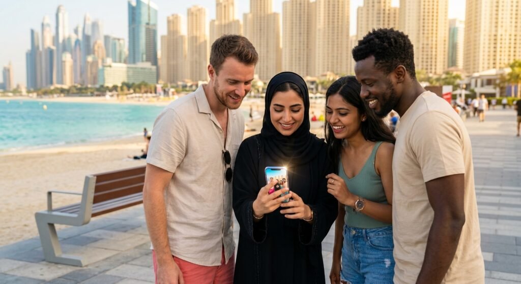 JBR Dubai beachfront in the afternoon and evening with visitors walking along the beach, restaurants, modern buildings, and beautiful Arabian Gulf views.