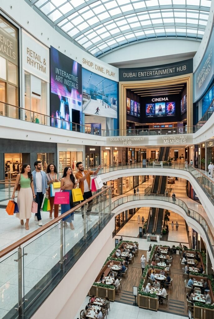 People enjoying shopping and entertainment in Dubai with modern malls, stores, and leisure activities.