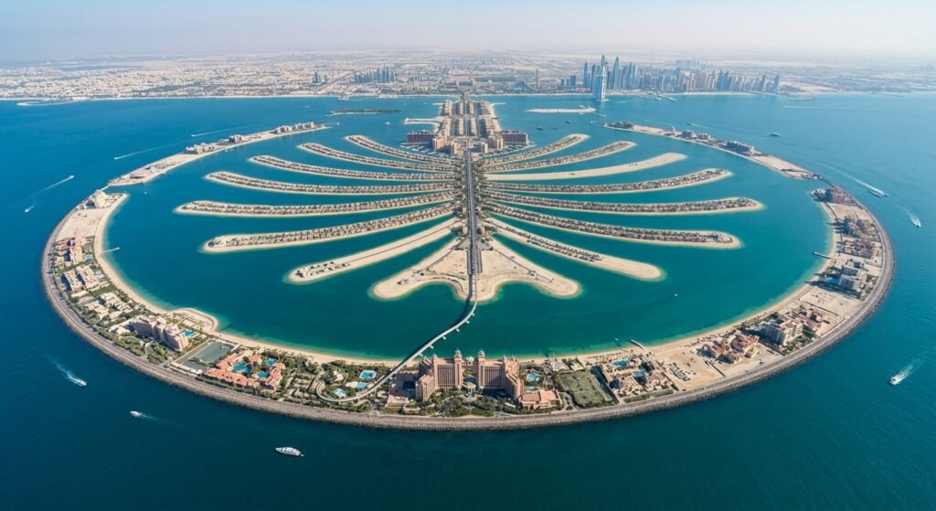 Aerial view of Palm Jumeirah man-made island in Dubai UAE surrounded by blue waters.