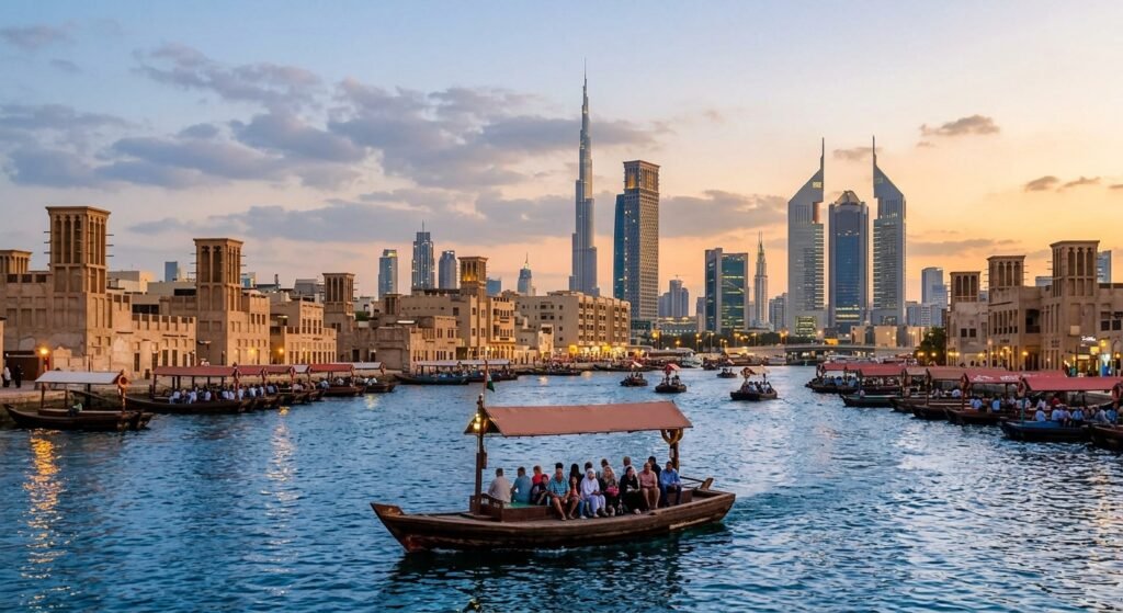 Traditional abra boat on Dubai Creek with historic Dubai buildings