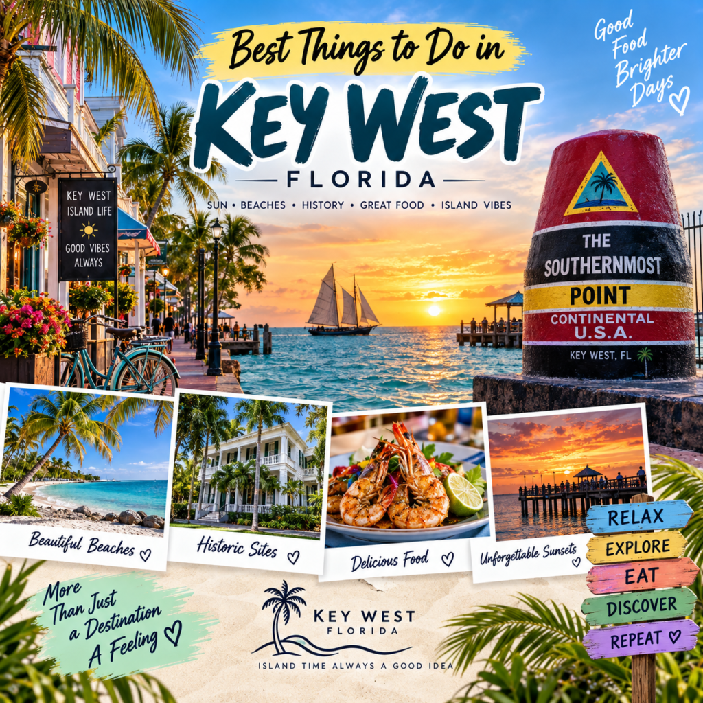 Best things to do in Key West Florida featuring beaches, Southernmost Point, historic streets, sunset views, seafood, and palm trees