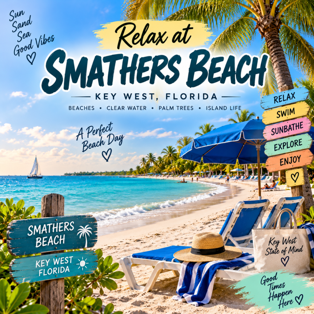 Smathers Beach in Key West Florida with sandy beach, clear blue water, palm trees, beach chairs, and sailboat