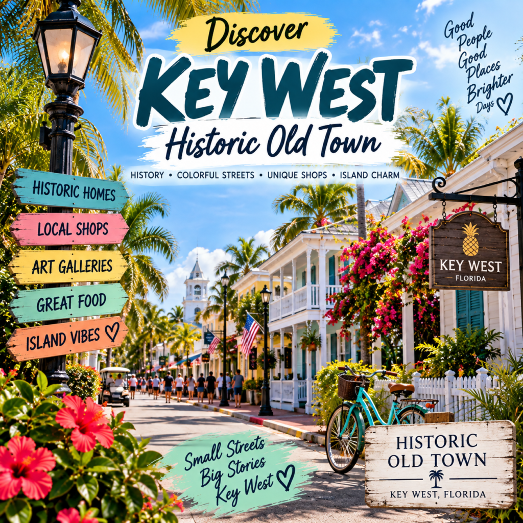 Key West Historic Old Town in Florida with pastel homes, palm trees, colorful streets, local shops, flowers, and bicycles