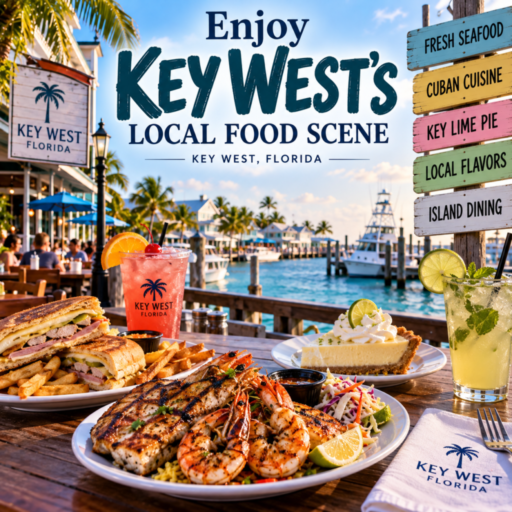 Key West local food scene with fresh seafood, Cuban cuisine, key lime pie, waterfront dining, tropical drinks, and palm trees