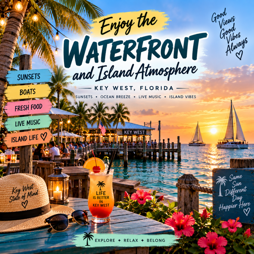 Key West waterfront in Florida with sunset views, sailboats, palm trees, waterfront dining, tropical flowers, and ocean scenery