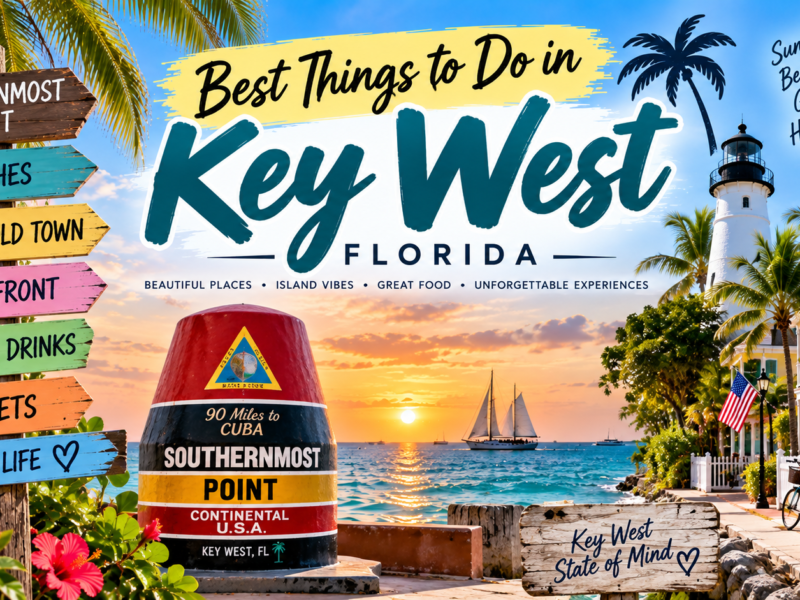 Best things to do in Key West Florida featuring beaches, Southernmost Point, lighthouse, waterfront, historic streets, and sunset