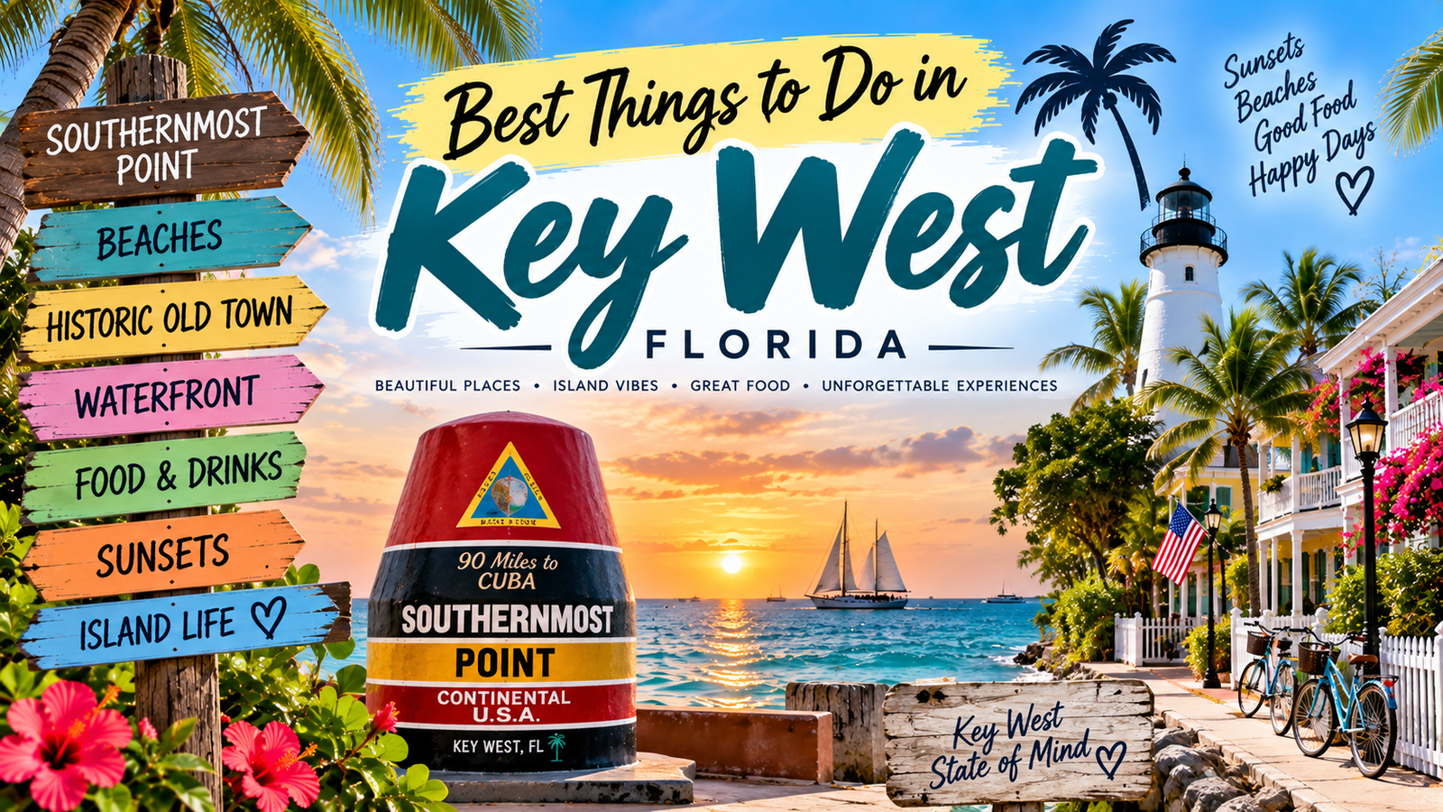 Best things to do in Key West Florida featuring beaches, Southernmost Point, lighthouse, waterfront, historic streets, and sunset