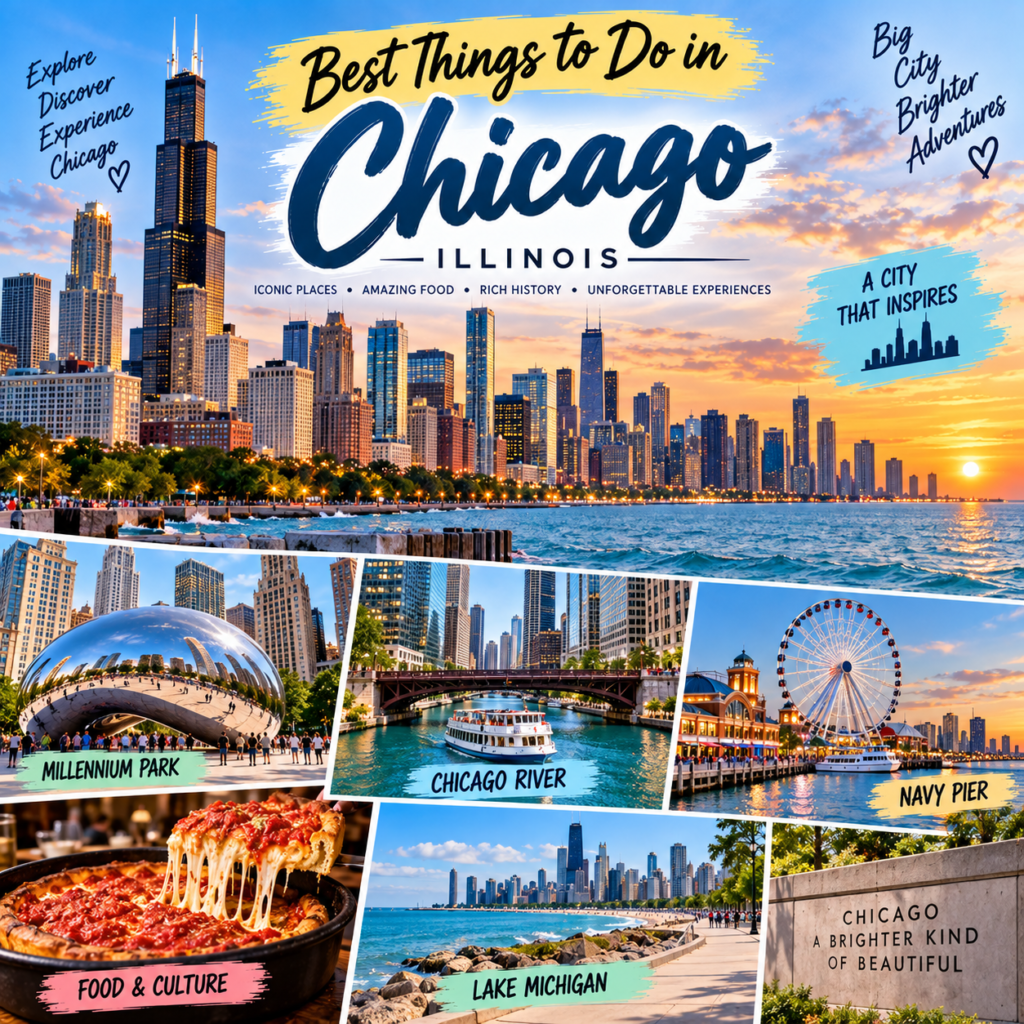Best things to do in Chicago Illinois featuring the skyline, Millennium Park, Chicago River, Navy Pier, Lake Michigan, and deep dish pizza
