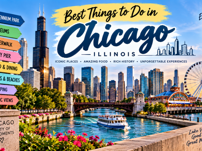 Best things to do in Chicago Illinois featuring the skyline, Millennium Park, Chicago River, Navy Pier, Lake Michigan, and deep dish pizza