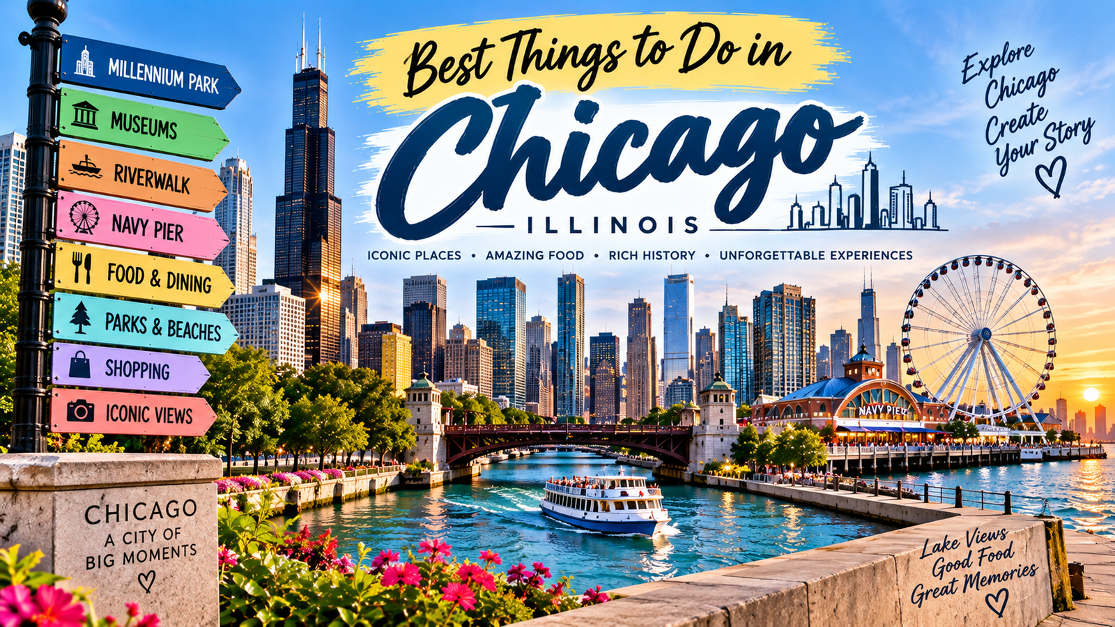 Best things to do in Chicago Illinois featuring the skyline, Millennium Park, Chicago River, Navy Pier, Lake Michigan, and deep dish pizza
